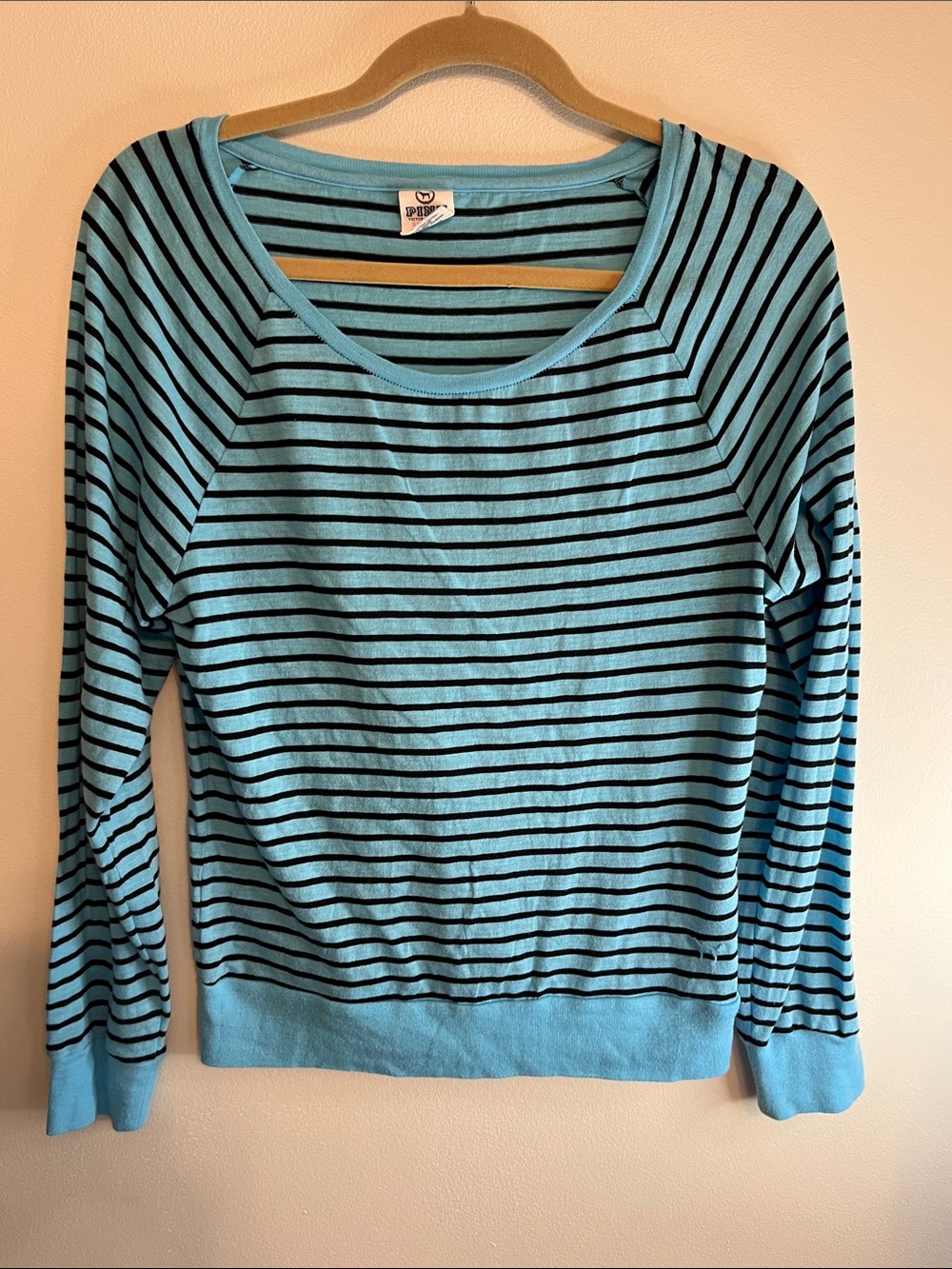 Victoria Secret Pink Blue and Black Striped Long-Sleeve Scoop Neck Tee Size XS